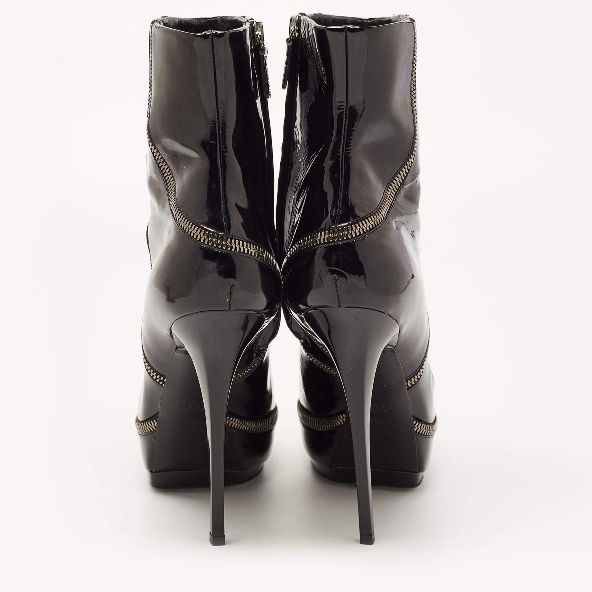 Gucci Black Patent Leather Zip Detail Platform Ankle Boots Size 38.5 In Good Condition In Dubai, Al Qouz 2