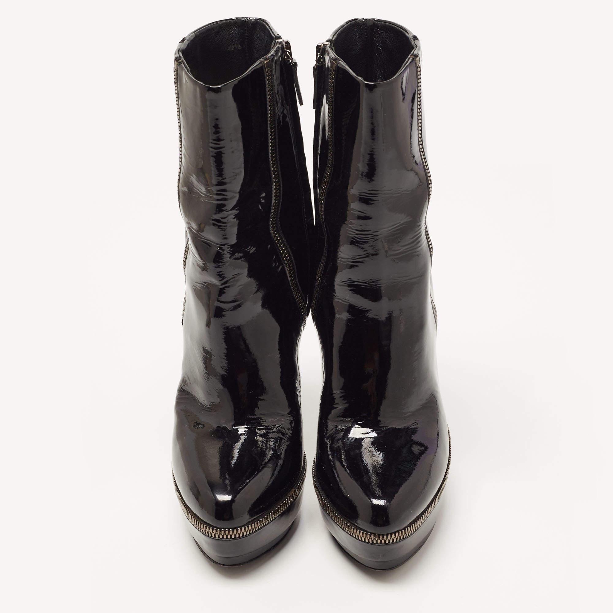 Women's Gucci Black Patent Leather Zip Detail Platform Ankle Boots Size 38.5