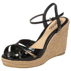 Gucci Schwarz Patent Microguccissima Leder Espadrille Keil Sandalen Größe 38::5