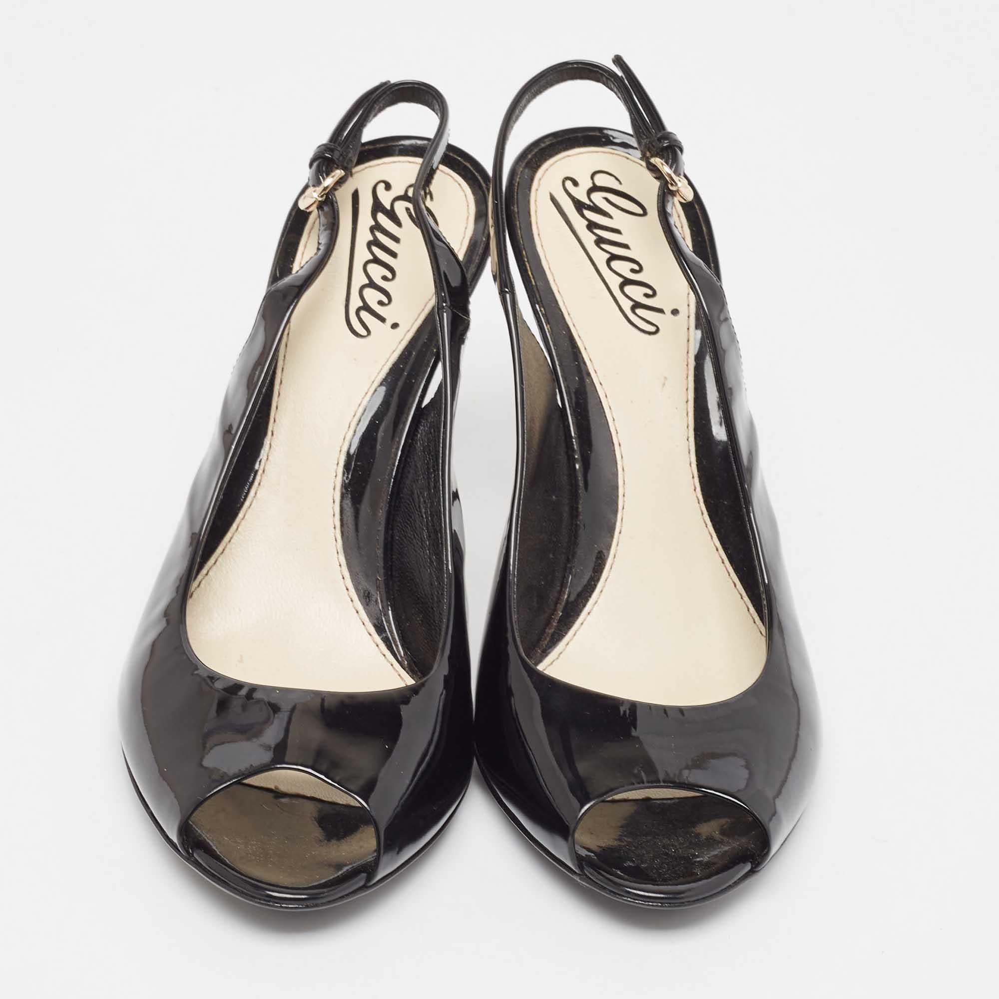 Gucci Black Patent Peep Toe Slingback Pumps Size 36.5 In New Condition In Dubai, Al Qouz 2