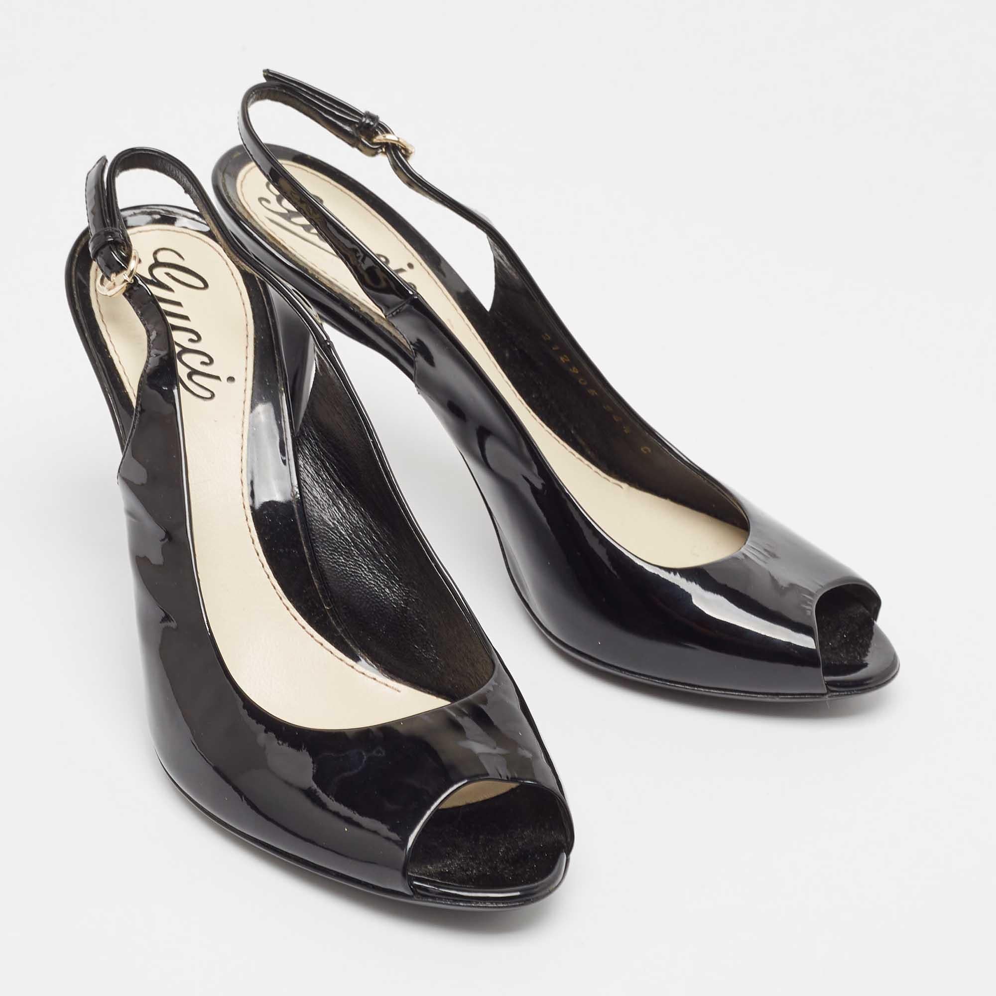 Women's Gucci Black Patent Peep Toe Slingback Pumps Size 36.5