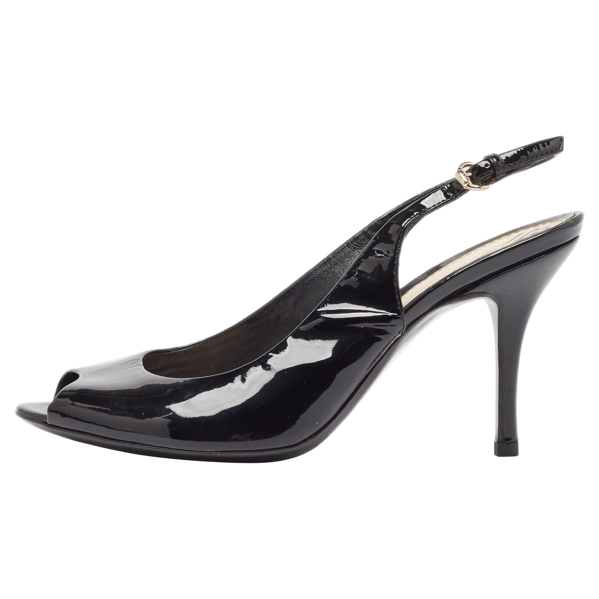 Gucci Black Patent Peep Toe Slingback Pumps Size 36.5