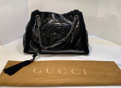 GUCCI Black Patent Shearling Large Soho Cellarius Mouton Chain Tote Soft Purse