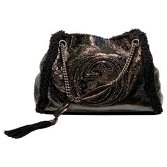 GUCCI Black Patent Shearling Large Soho Cellarius Mouton Chain Tote Soft Purse