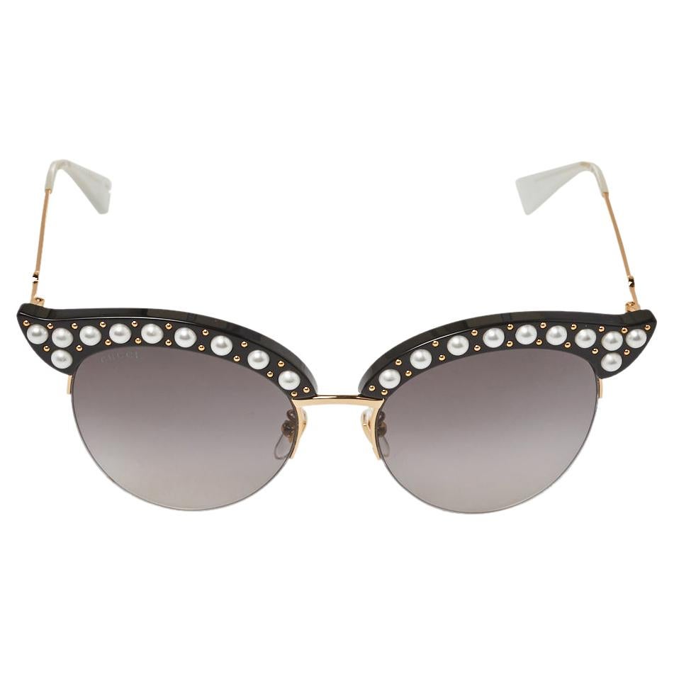 Gucci Black Pearl Studded / Grey Gradient GG0212S Cat Eye Sunglasses