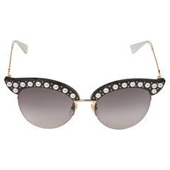 Gucci Black Pearl Studded / Grey Gradient GG0212S Cat Eye Sunglasses