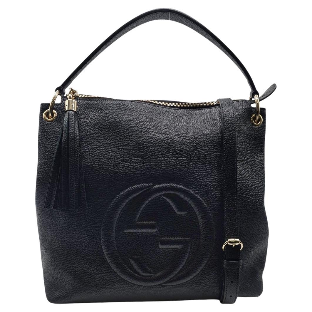Gucci Black Pebbled Calfskin Large Soho Tassel Shoulder Bag For Sale