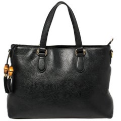 Gucci Black Pebbled Leather Bamboo Tassel Tote