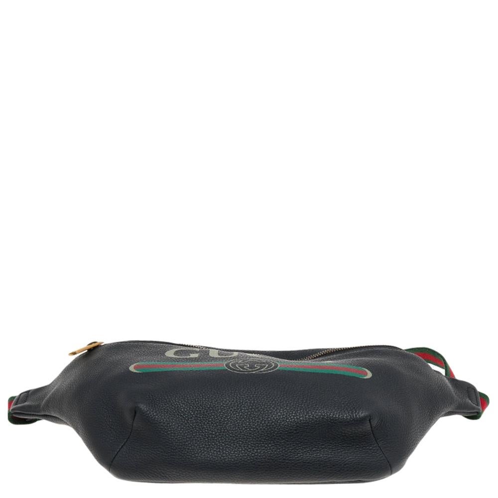 Gucci Black Pebbled Leather Logo Web Belt Bag 2