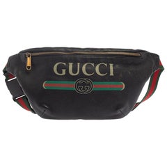 Gucci Black Pebbled Leather Logo Web Belt Bag