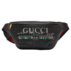 Gucci Black Pebbled Leather Logo Web Belt Bag