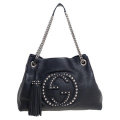 Gucci Black Pebbled Leather Medium Studded Soho Chain Tote