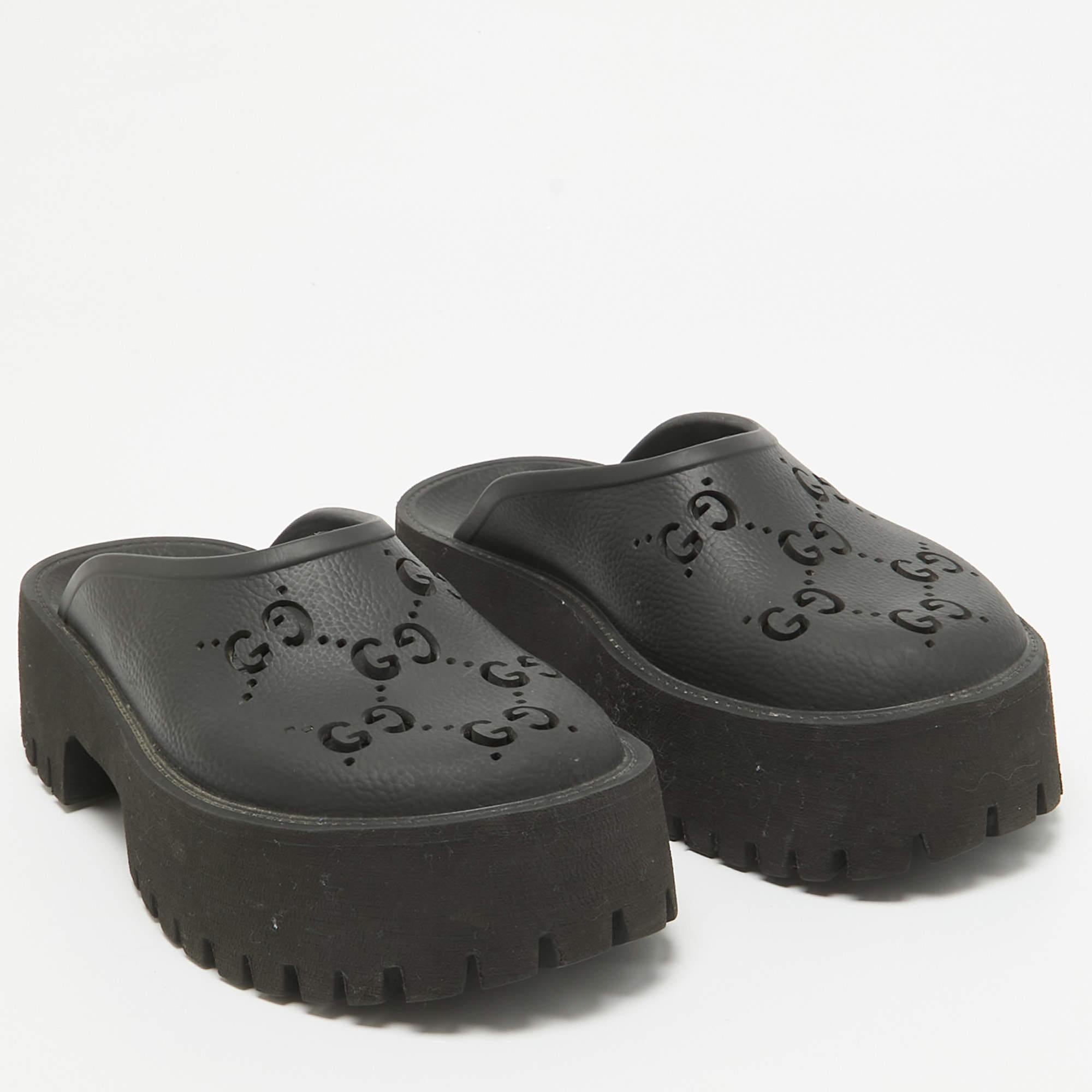 Women's Gucci Black Perforated GG Rubber Platform Mules Size 37