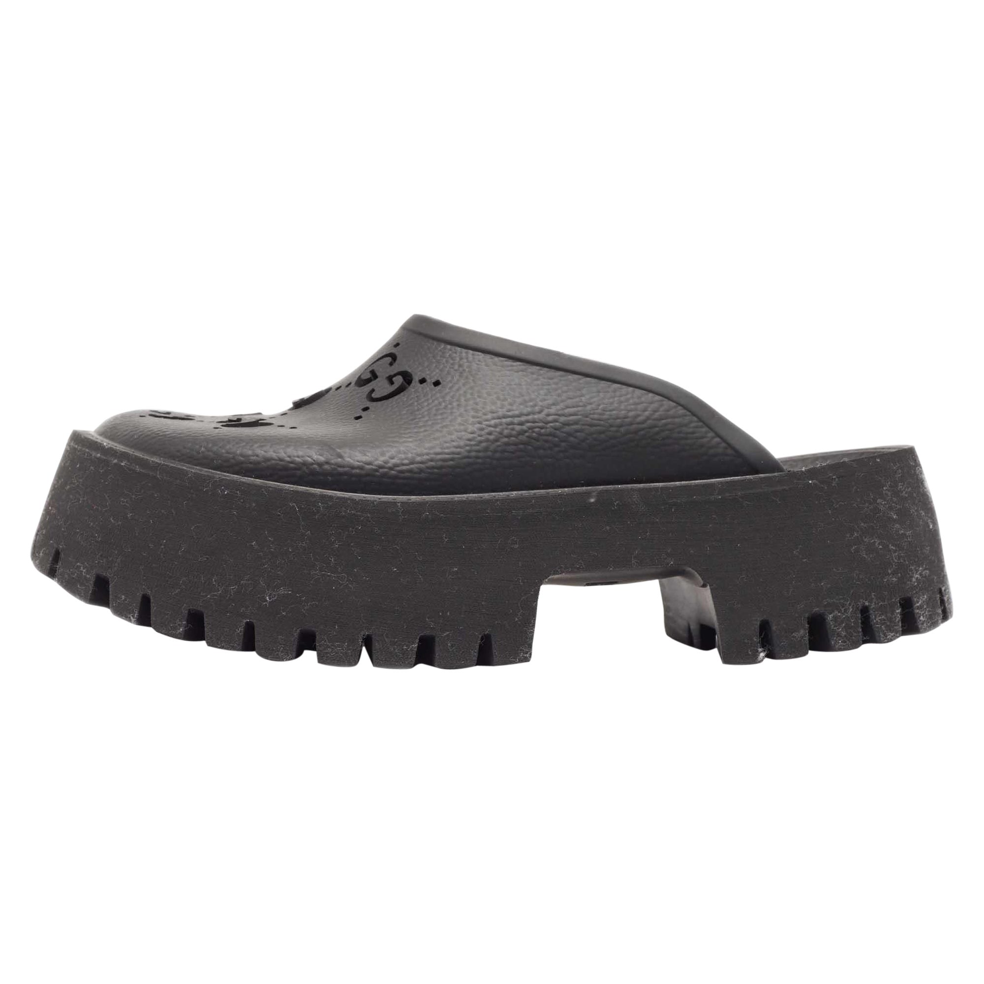 Gucci Black Perforated GG Rubber Platform Mules Size 38