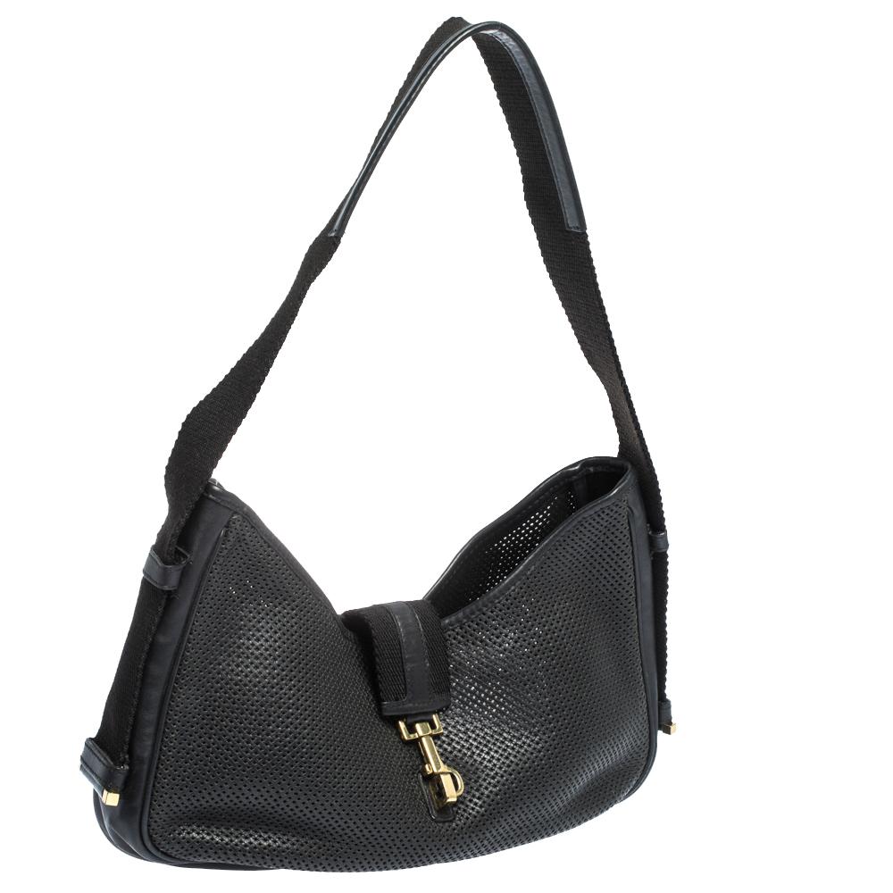 Gucci Black Perforated Leather and Canvas Vintage Jackie Shoulder Bag In Fair Condition In Dubai, Al Qouz 2