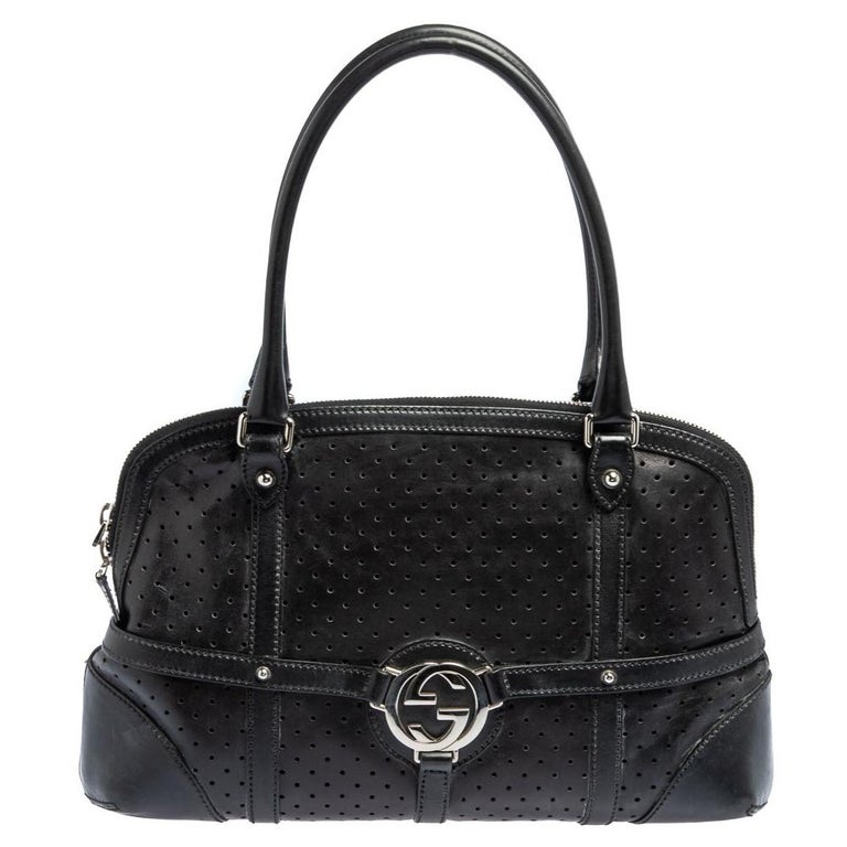 Gucci Hobo Perforated Reins 871859 Black Leather Shoulder Bag, Gucci