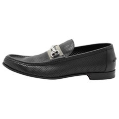 Gucci Black Perforated Leather Horsebit Web Loafers Size 42.5