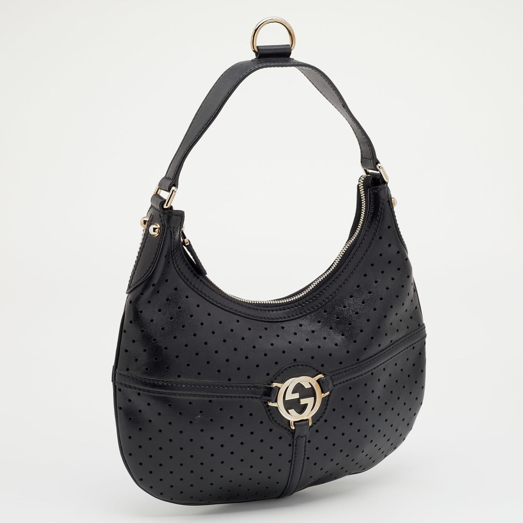 Women's Gucci Black Perforated Leather Reins Hobo