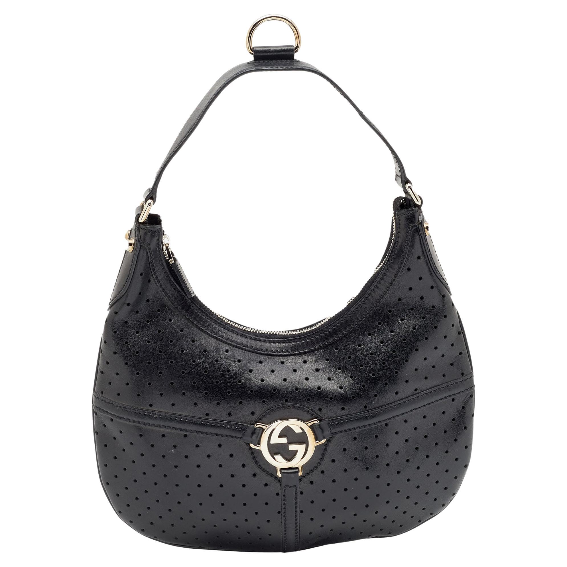 Gucci Black Perforated Leather Reins Hobo