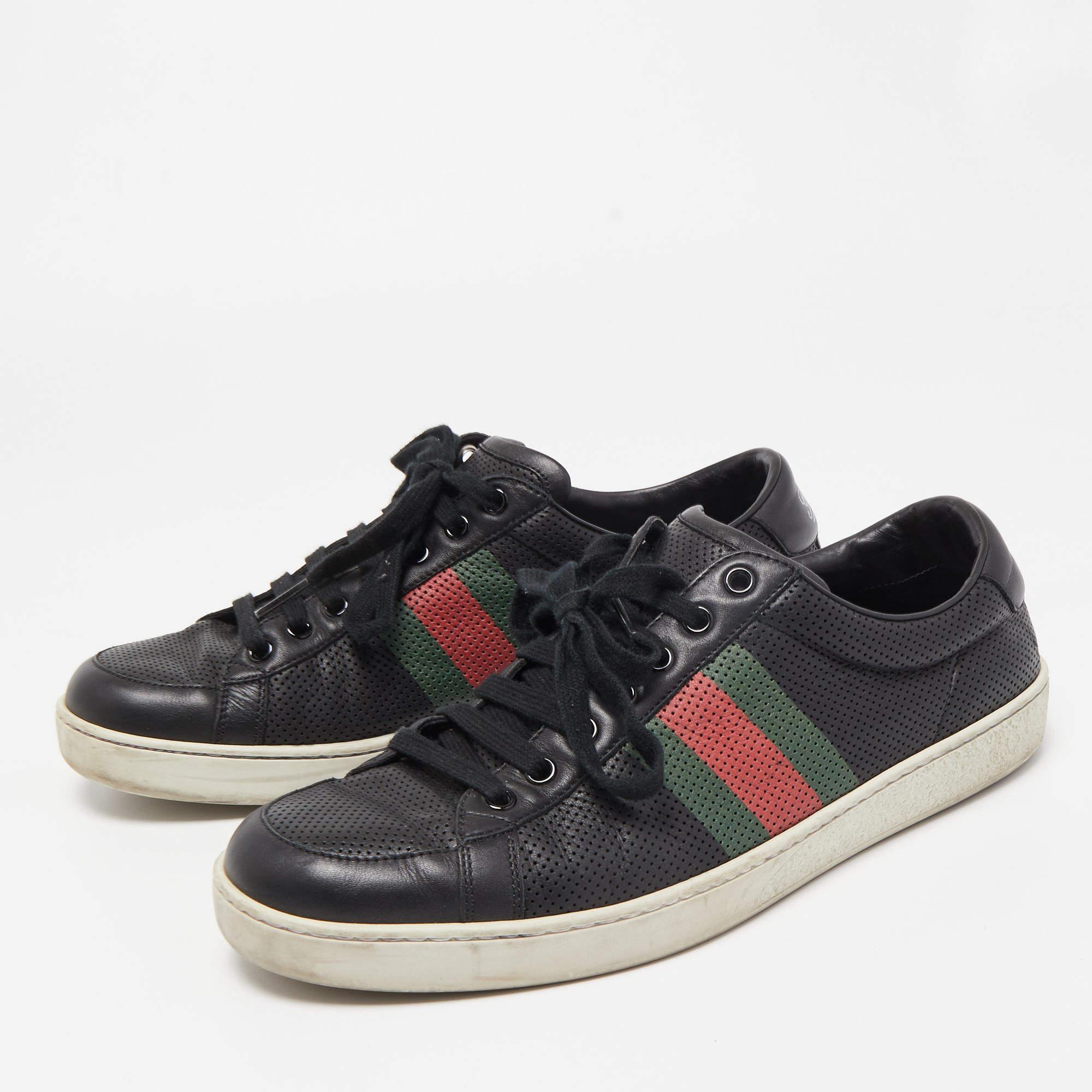 Gucci Black Perforated Leather Web Detail Low Top Sneakers Size 42.5 For Sale 4