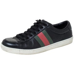 Gucci Black Perforated Leather Web Detail Low Top Sneakers Size 42.5