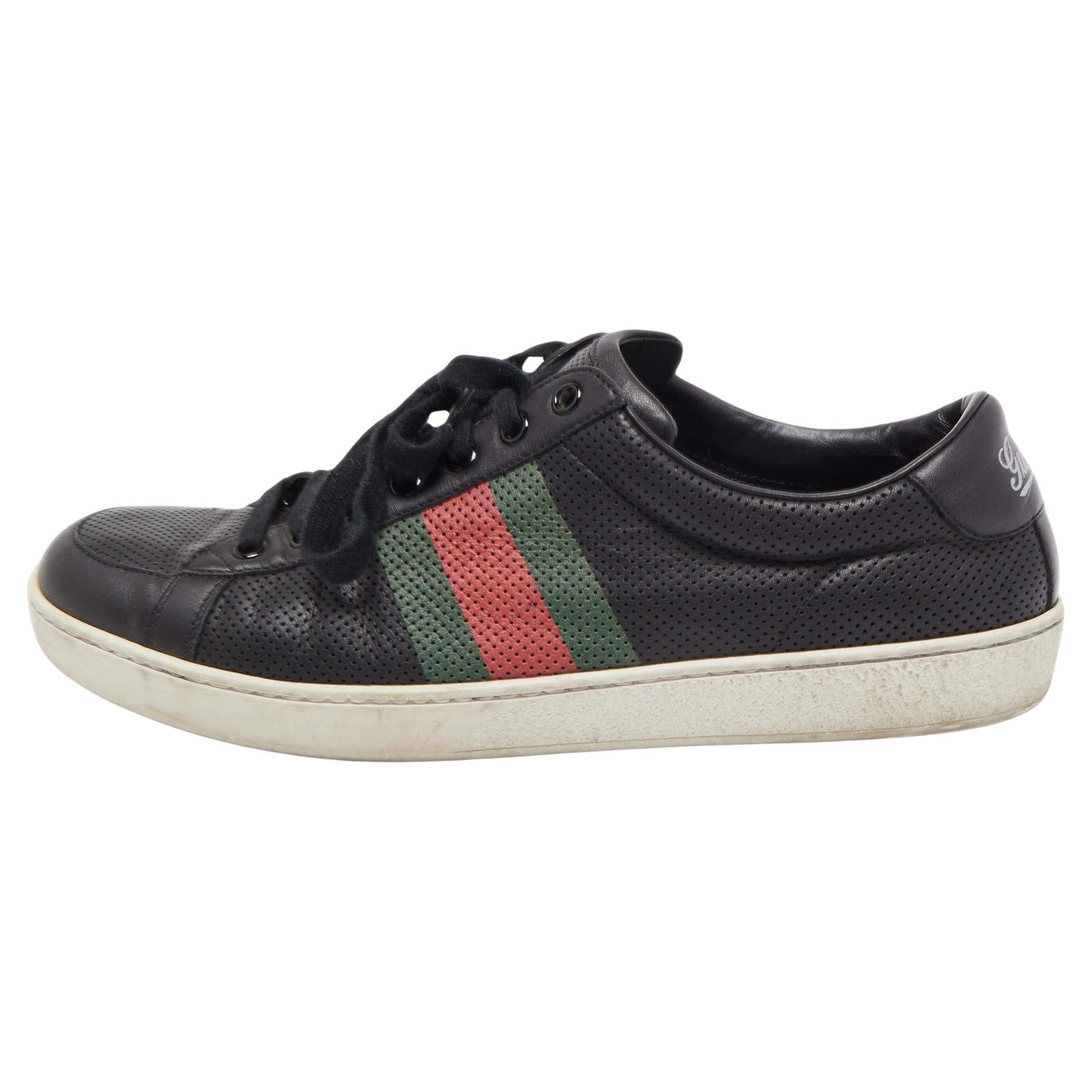 Gucci Black Perforated Leather Web Detail Low Top Sneakers Size 42.5 For Sale