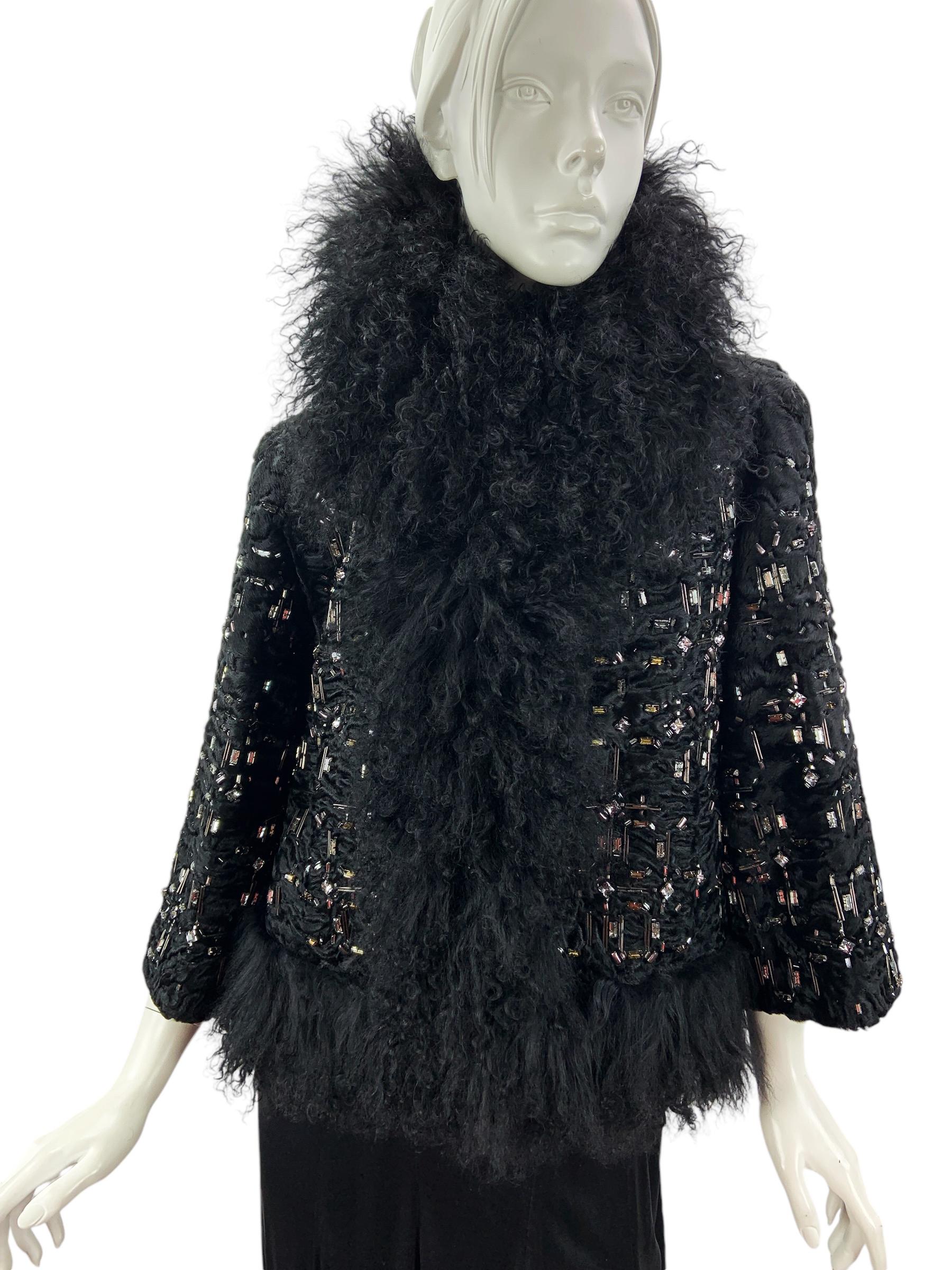 Gucci Black Persian Lamb Crystal Embellished Jacket Italian 40 In New Condition For Sale In Montgomery, TX