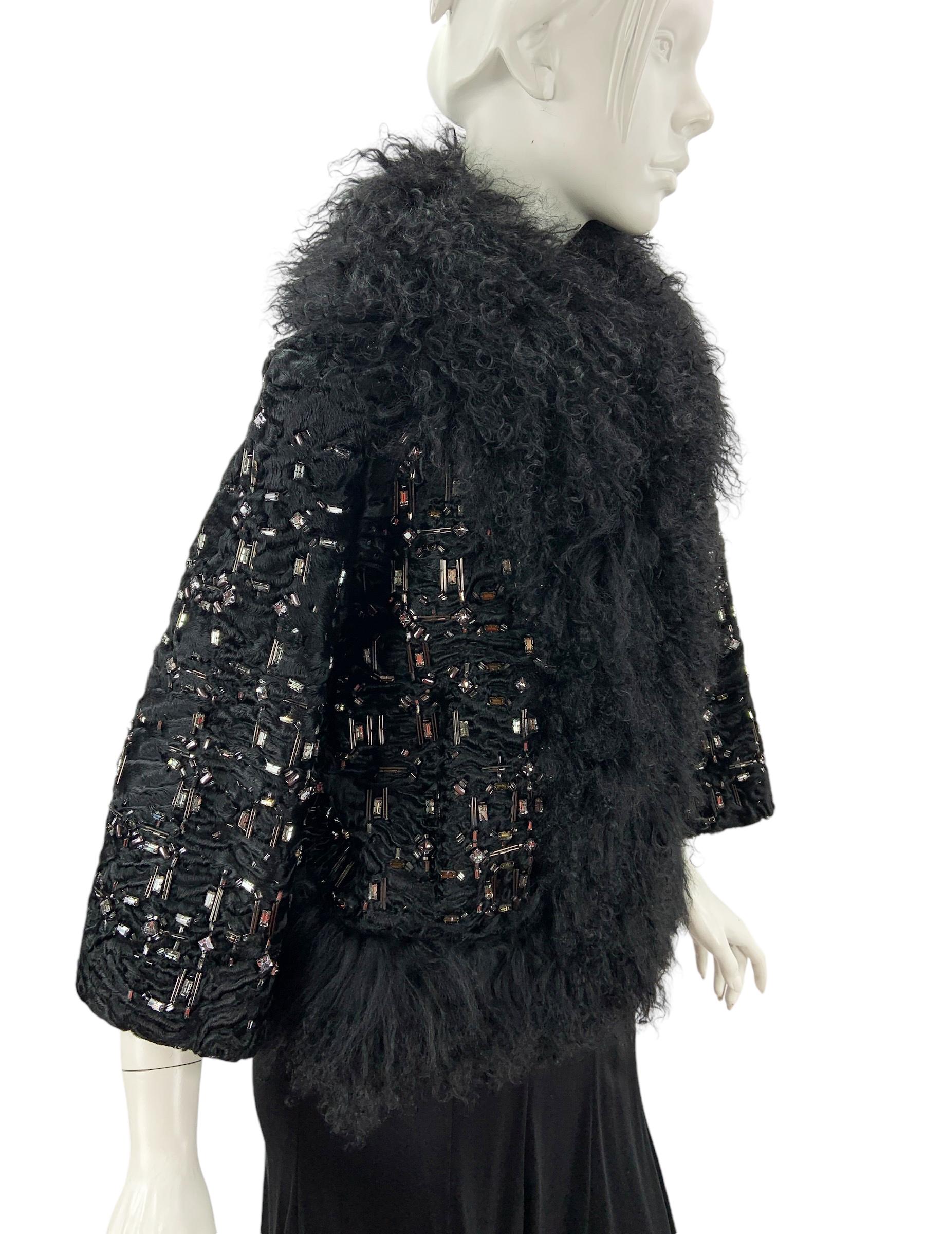 Women's Gucci Black Persian Lamb Crystal Embellished Jacket Italian 40 For Sale