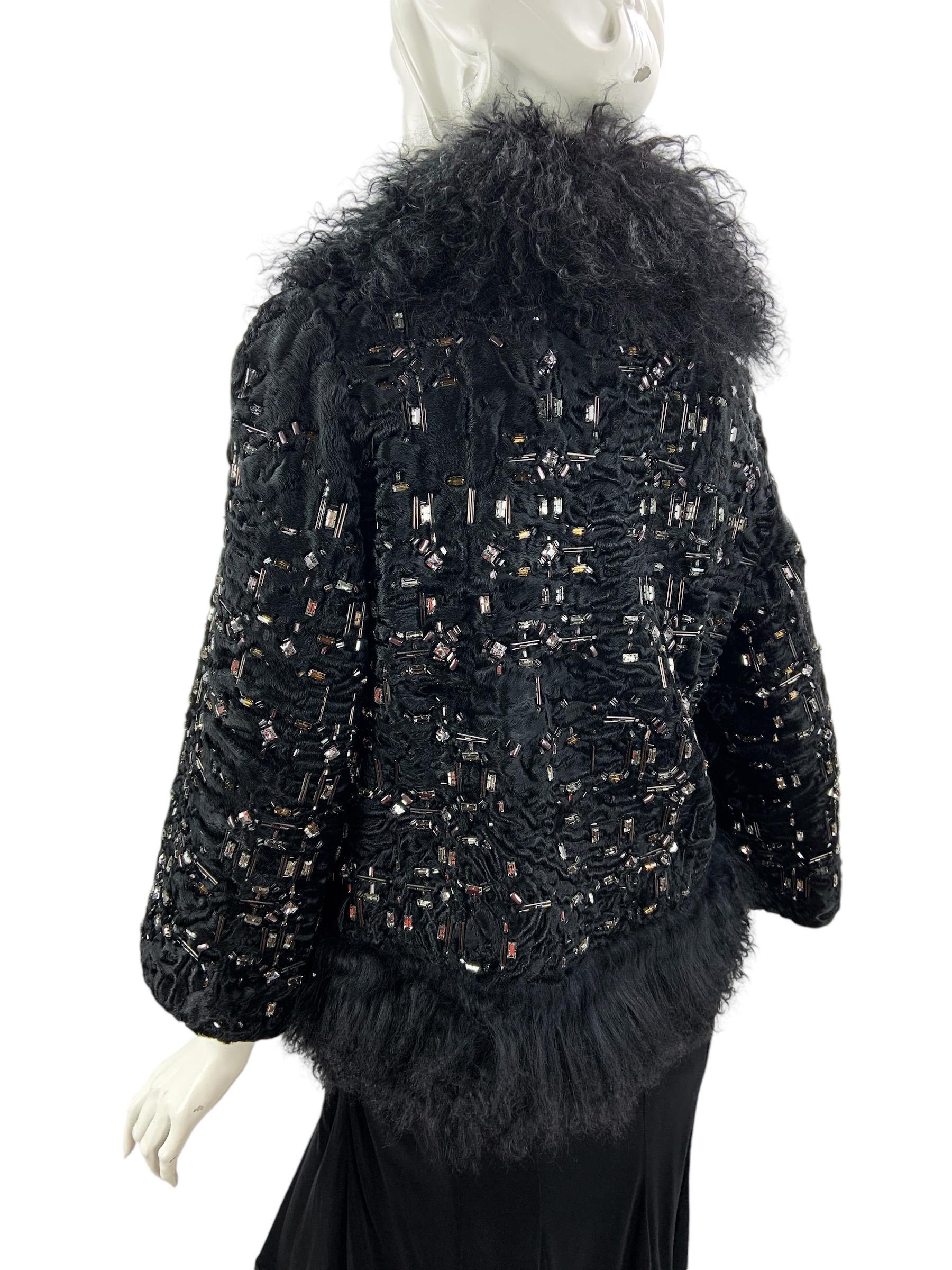 Gucci Black Persian Lamb Crystal Embellished Jacket Italian 40 For Sale 1
