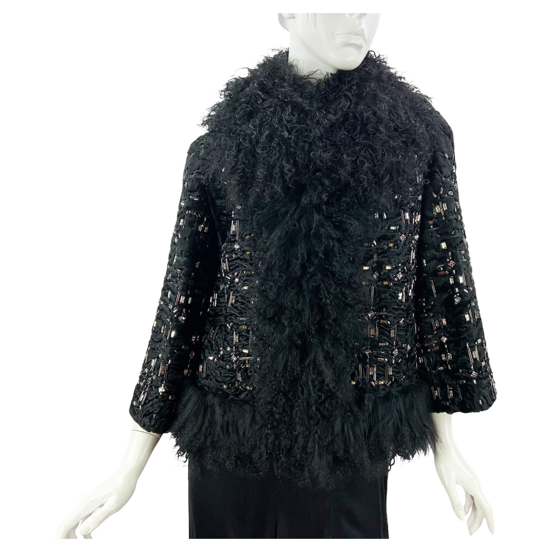 Gucci Black Persian Lamb Crystal Embellished Jacket Italian 40 For Sale
