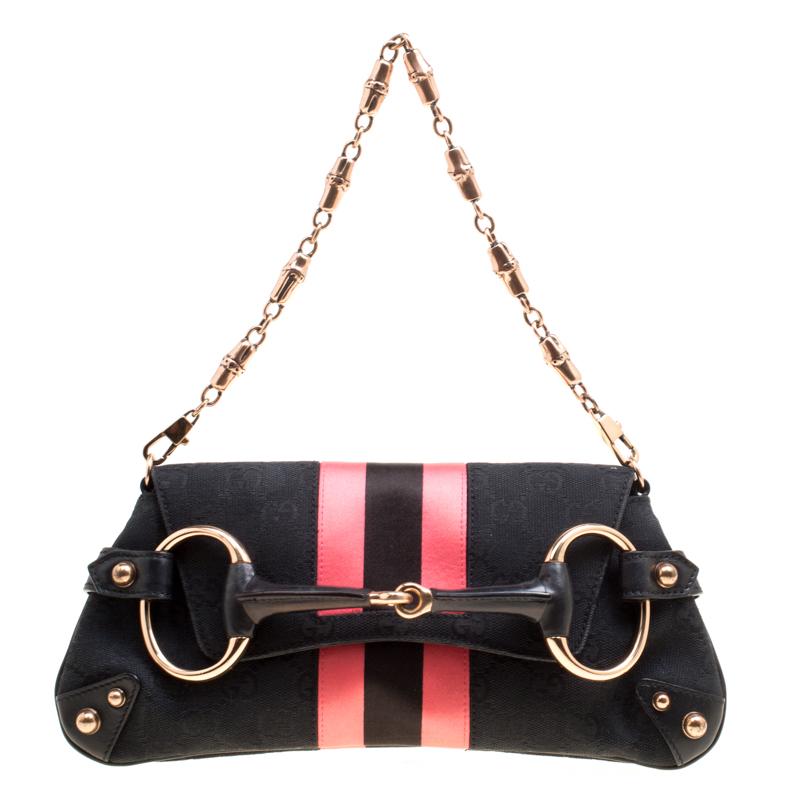 Gucci Black/Pink GG Canvas and Satin Small Limited Edition Tom Ford Horsebit Web