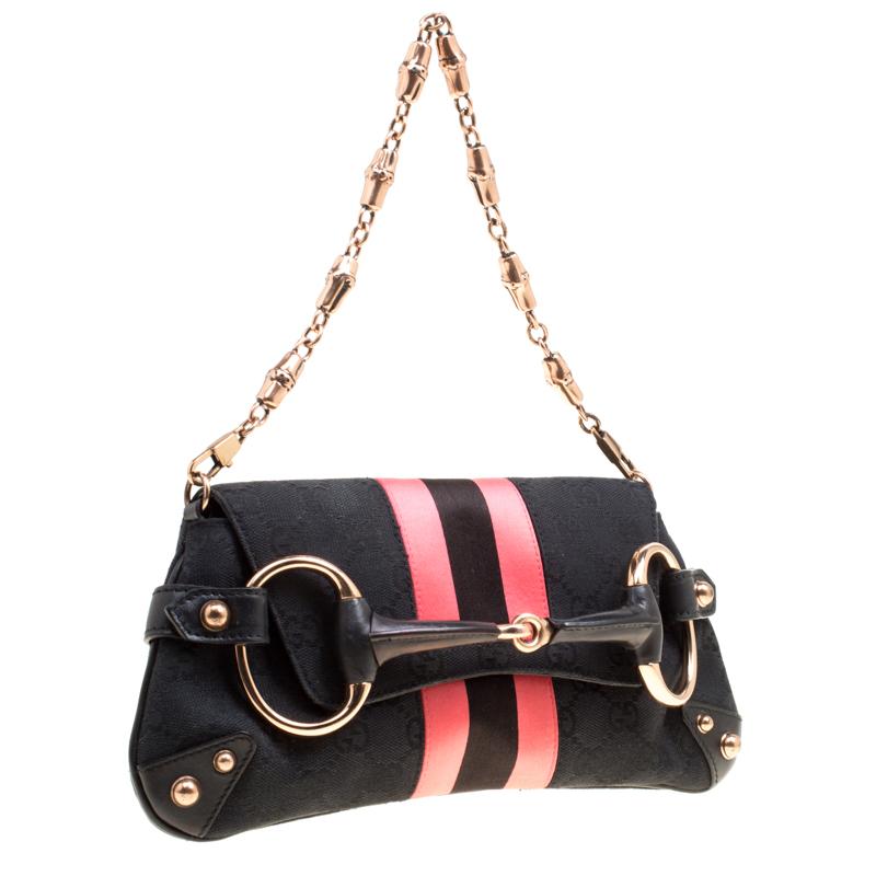 Women's Gucci Black/Pink GG Canvas and Satin Small Limited Edition Web Chain Clutch