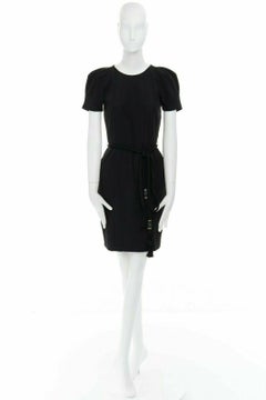GUCCI black pleated sleeve braided bamboo belted fitted cocktail dress IT40 S