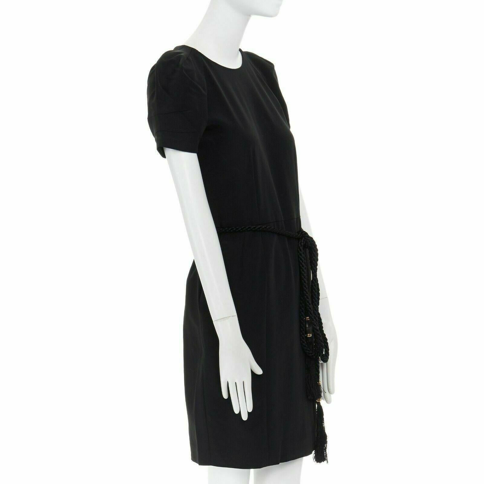 Black GUCCI black pleated sleeve braided bamboo belted fitted cocktail dress IT40 S