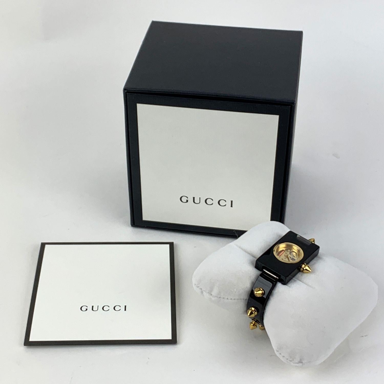 Women's Gucci Black Plexi Watch 1435 Skeleton Gold Studs Never Worn
