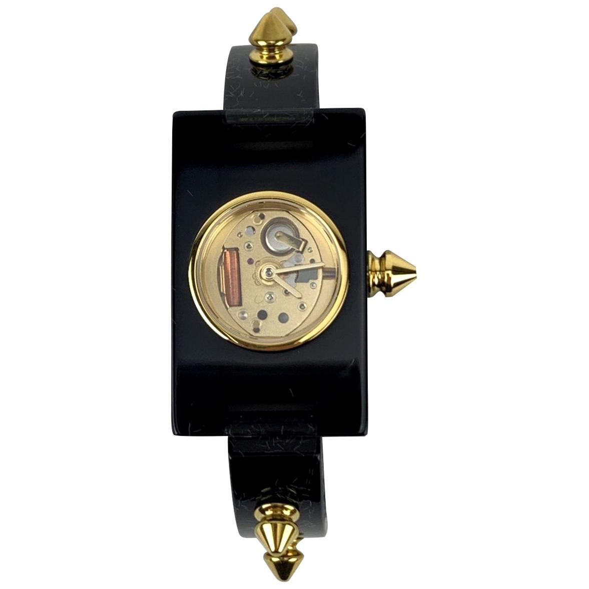 Gucci Black Plexi Watch 1435 Skeleton Gold Studs Never Worn