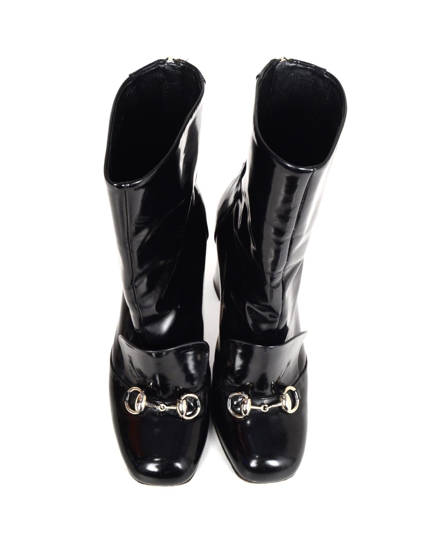 Gucci Black Polished/Glazed Leather Silver Horsebit Regent Ankle Boots Sz 36.5 2