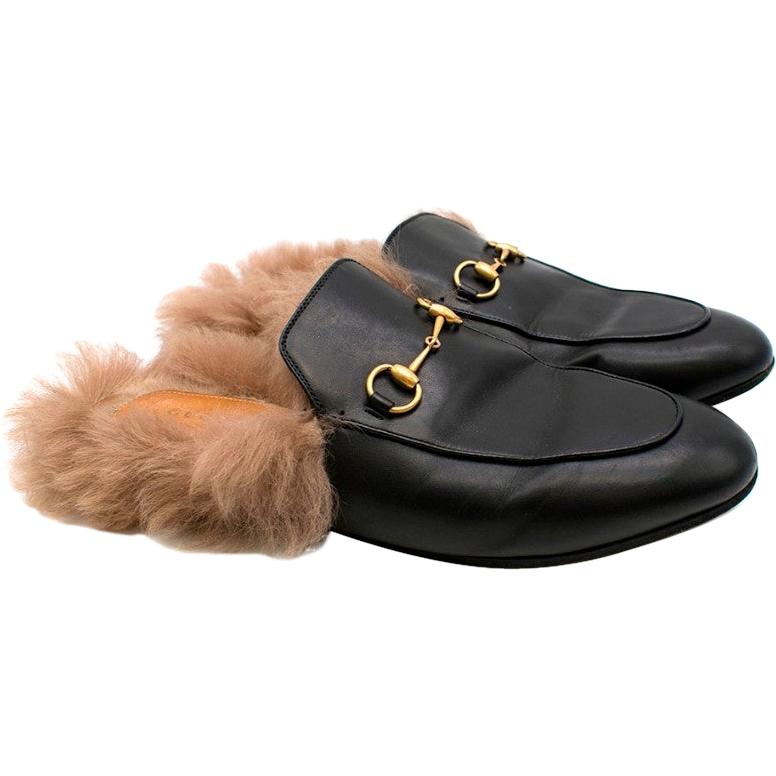 Gucci Black Princetown Leather Fur Lined Mules 40  For Sale