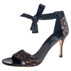 Gucci Black Printed Pleated Satin Ankle-Wrap Sandals Size 37.5