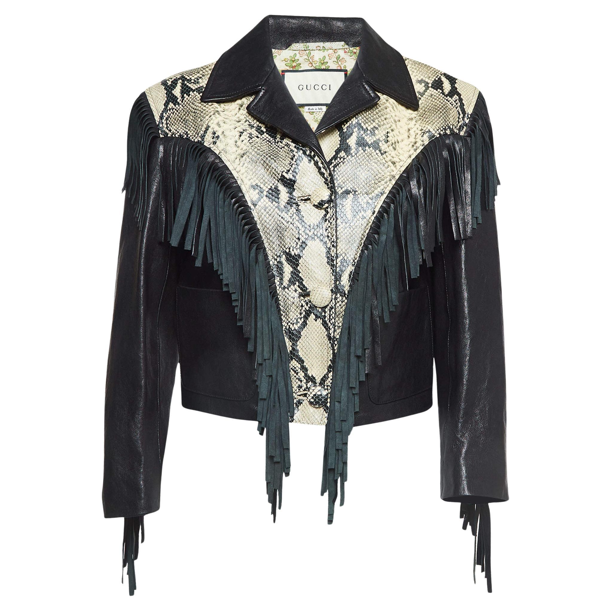 Gucci Black Python Embossed Fringed Leather Jacket M For Sale