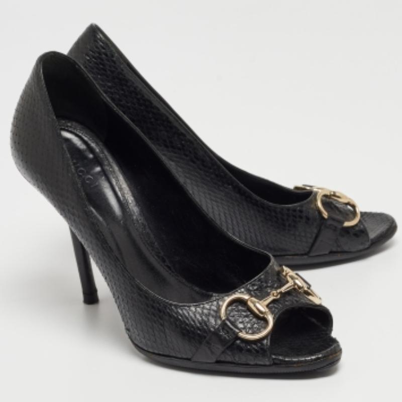 Women's Gucci Black Python Horsebit Open Toe Pumps 38.5 For Sale