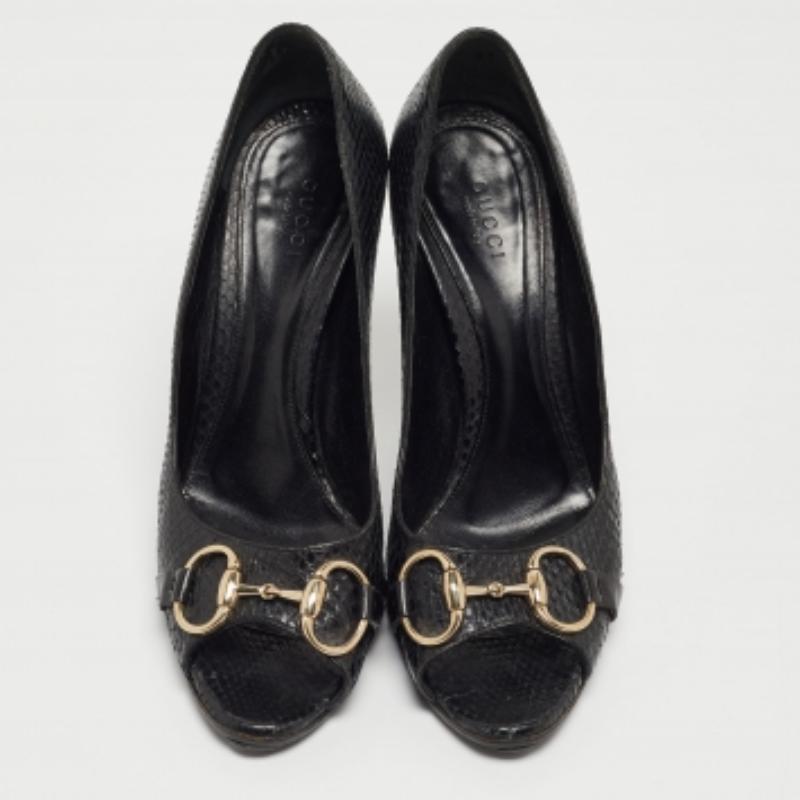 Gucci Black Python Horsebit Open Toe Pumps 38.5 For Sale 1