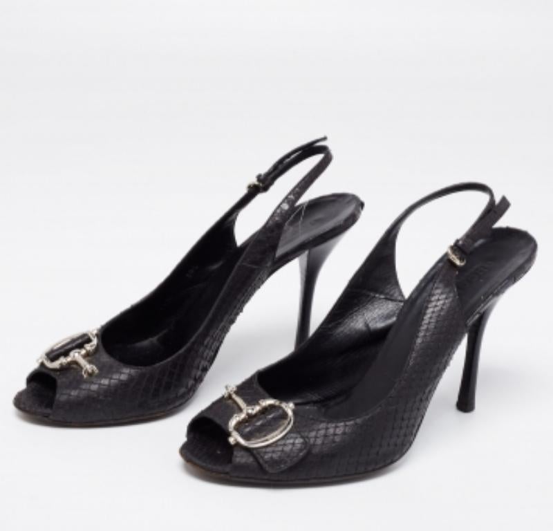 Gucci Schwarz Python Leder Icon Bit Peep-Toe Slingback Sandalen Größe 39.5 Damen im Angebot