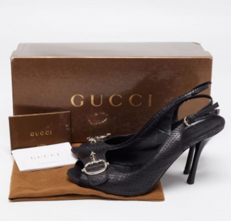 Gucci Schwarz Python Leder Icon Bit Peep-Toe Slingback Sandalen Größe 39.5 im Angebot 5
