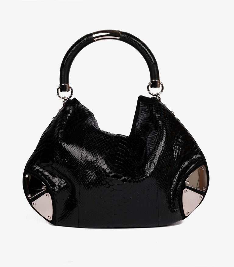 Gucci Black Python Leather Vintage Large Indy Top Handle For Sale 