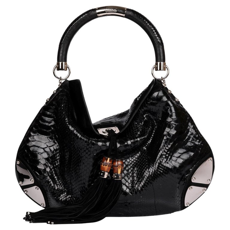 Gucci Black Python Leather Vintage Large Indy Top Handle For Sale 