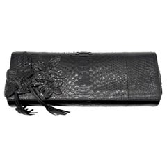 Gucci 1990s Black Python Leather Tassel Clutch with Floral Appliqué