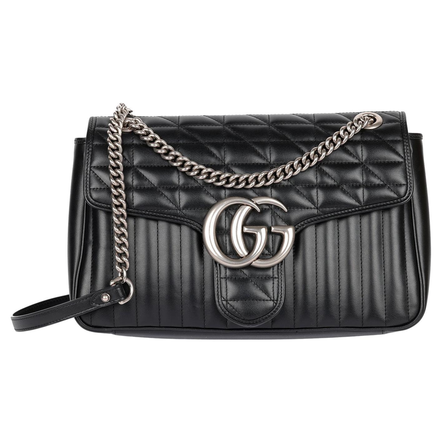 Gucci Black Quilted Calfskin Leather Medium GG Marmont For Sale