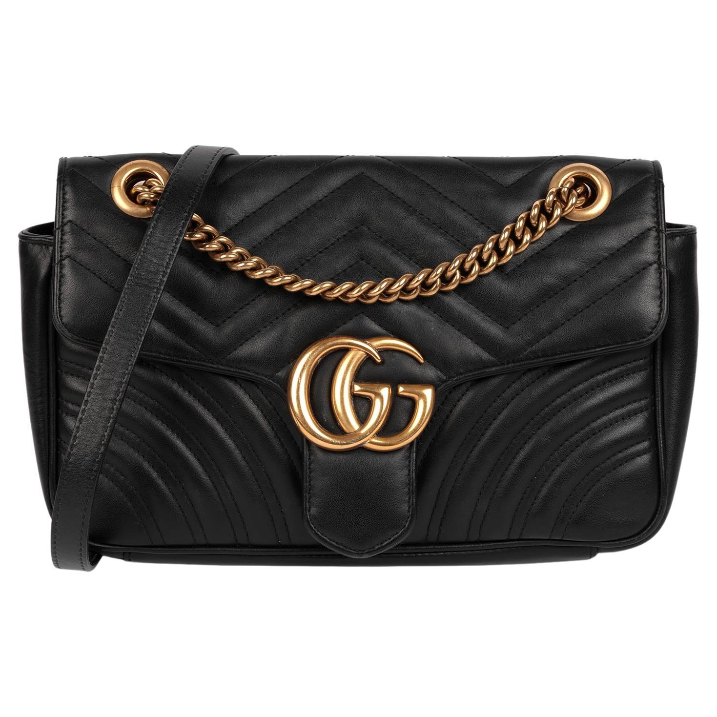 Gucci Black Quilted Calfskin Leather Medium GG Marmont For Sale