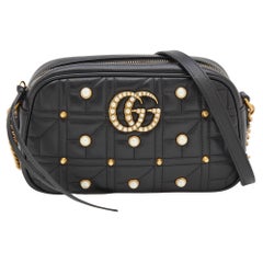 Gucci Black Quilted Leather Embellished Small GG Marmont Shoulder Bag